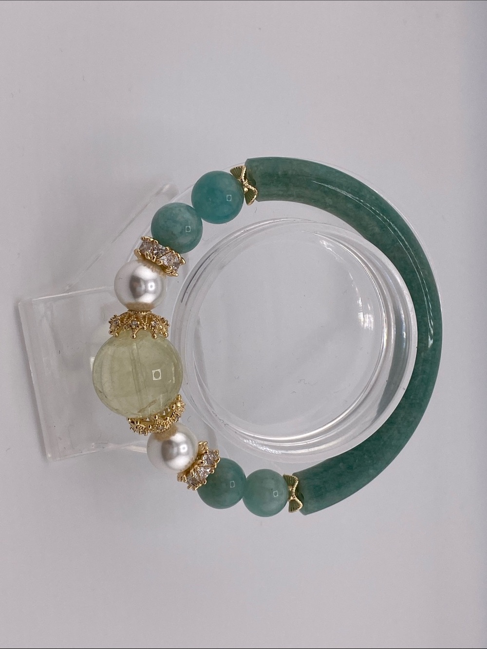 Natural Green Amazonite Half-Bangle Bracelet | Freshwater Pearl & Citrine Accent
